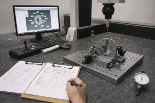 PPAP first article CMM inspection measuring a sample part on a datum fixture for full dimensional scan and FAI report, with gage repeatability check per control plan.