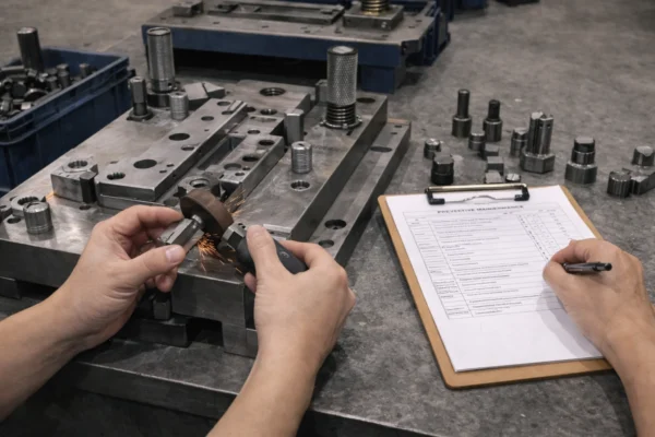 Toolroom preventive maintenance on a stamping die, sharpening a punch insert and checking die components to keep cutting edges and clearances consistent for stable quality.