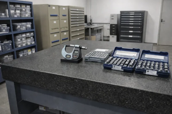 Temperature-controlled metrology room with granite surface plate, calibrated micrometer and pin gauge sets, organized storage cabinets.