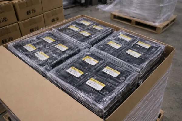 Export packaging for dimensional stability showing molded parts packed in custom divided trays, traceability labels by cavity and lot, moisture barrier protection, and a stretch-wrapped pallet ready for overseas shipment.