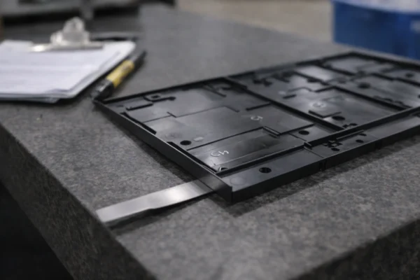 Injection molded plastic panel on a granite surface plate with a feeler gauge checking corner lift for warpage and flatness inspection, with visible cavity ID markings for SPC traceability.