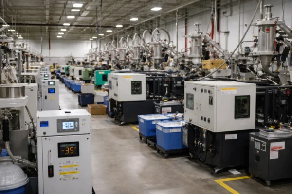 Injection molding production floor with running presses, central resin conveying system, hopper dryers showing dew point, mold temperature controllers, and in-line QC with lot and cavity traceability labels.