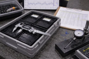 Plastic dimensional stability inspection setup with molded parts in trays, calipers and a dial indicator for dimensional checks, and SPC records used to verify repeatable shrink and warpage control.