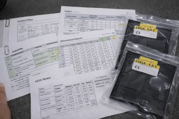 PPAP evidence pack on a shop-floor table showing a control plan for CTQ controls, PFMEA warpage risk review, cavity-level first article dimensional report, MSA notes, and bagged approved injection molded samples for traceability.