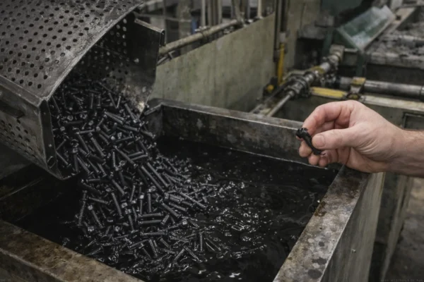 Black oxide fasteners draining from a basket into an oil impregnation tank, with an inspection check before oiling.