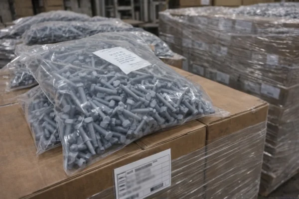 Export packaging area with coated fasteners in sealed bags with desiccant, carton labels, and stretch-wrapped pallets.