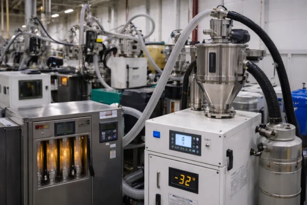 Sealed hopper dryer and desiccant regeneration unit with stable dew point monitoring, using a closed-loop vacuum loader to convey resin through moisture-proof lines to an injection molding press.