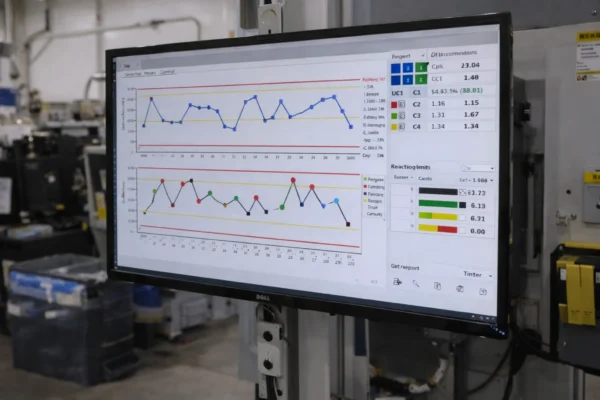 Shop-floor SPC monitoring screen showing X-bar/R charts and Cpk capability results for a critical dimension, with cavity-level filtering and reaction limits in an injection molding production environment.